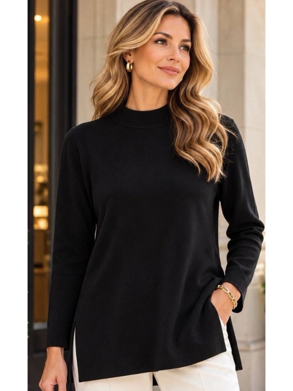 Ming Wang Black Knit Long Sleeve Top Blouse Size Large Career Staple Wardrobe